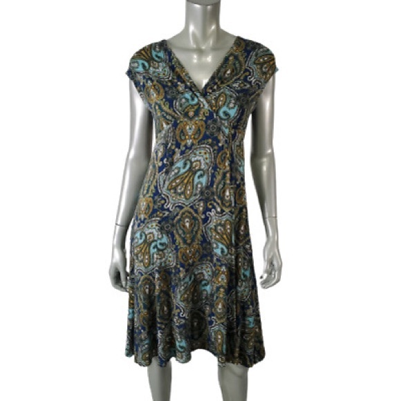 TALBOTS Blue and Green Paisley Empire Waist Stretchy Dress Large Petite L P - Picture 5 of 5